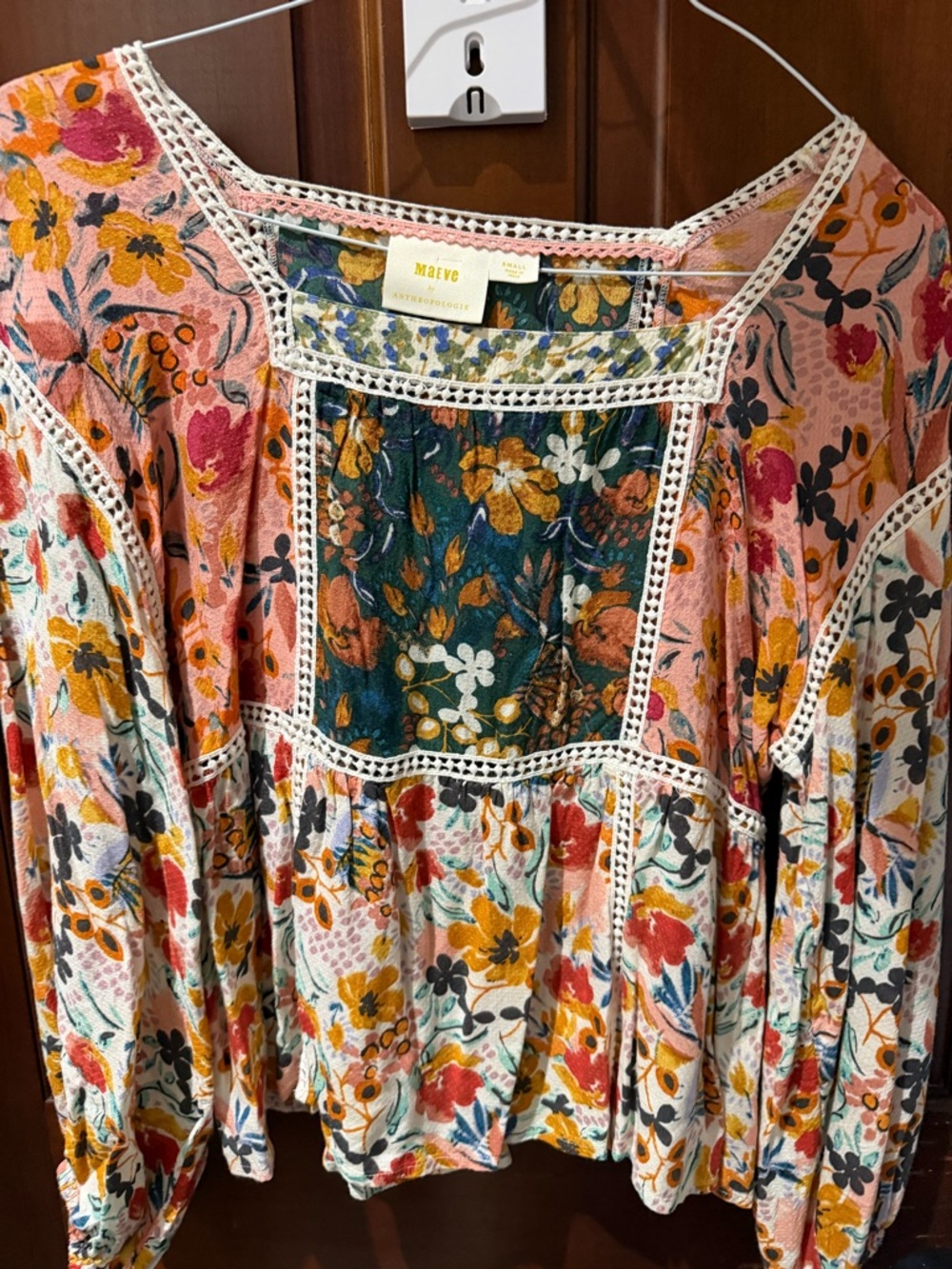 Anthropologie Maeve Floral Patchwork Peasant Blouse in Pink, Green, Yellow - Picture 4 of 13